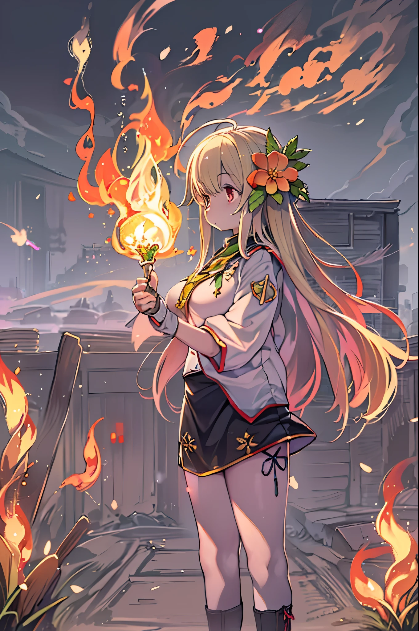One girl, bangs, breathing fire, combustion, Burnt clothes, 残りfire, Ahoge, Beige Hair, Multicolored Hair, fire, inflammation, inflammationの剣, (Put your hand on the handle), Are standing, Long Hair, Pyrokinesis, Expressionless, cigarette, flower(symbol), alone, fireflower, sunset, Twilight, white flower, lava, Yuri (flower), fiery flower, Depth of written boundary, combustion ,