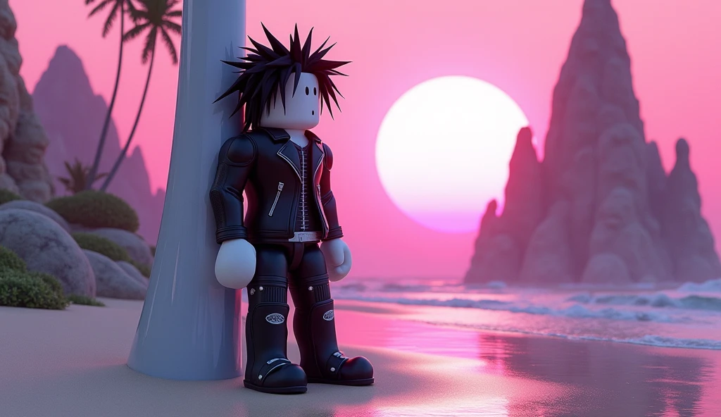 Beautiful tall square Roblox doll with long black spiky hair, emo clothes and no lips, white skin, no mouth leaning on a tumorrowland, cartoon, Vice City GTA, stone mountain background on the beach with pink sky