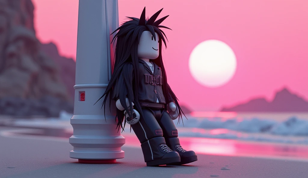 Beautiful tall square Roblox doll with long black spiky hair, emo clothes and no lips, white skin, no mouth leaning on a tumorrowland, cartoon, Vice City GTA, stone mountain background on the beach with pink sky