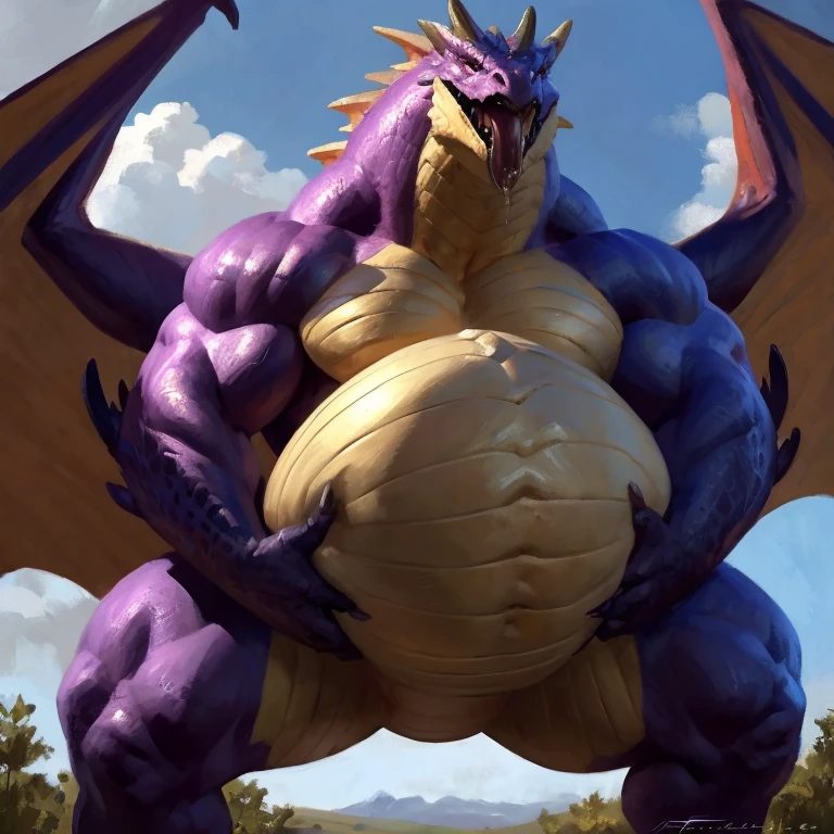 Detailed painting, by Taran Fiddler, closeup, outlook view, wide angle, dragoness, full body, feral, dainty, friendly, colorful, rounded snout, wings, pregnant-like belly, round belly, dominant belly, huge belly, bloated belly, big muscles, wide body, thick body muscles, powerfull muscles, beefy muscles, thick neck, tongue out, open mouth, saliva, hungry, voracious, glutonous, tall, enormous, giant, gigantic, colosssal size, gargantuan, kaiju, powerfull look, badass look, looking at viewer