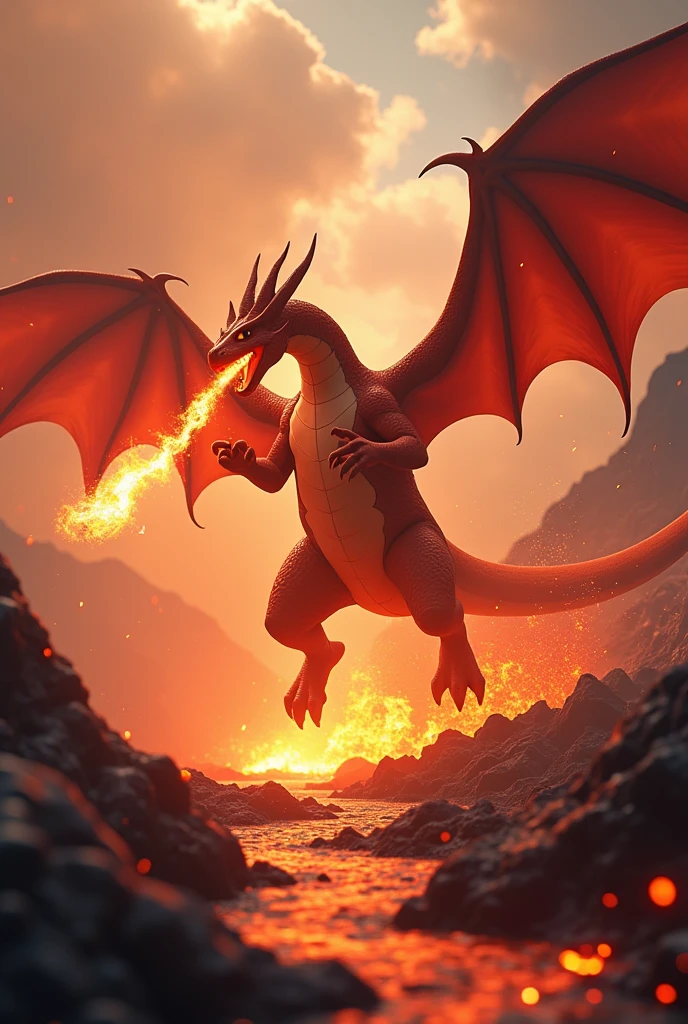 (masterpiece:1.2, Highest quality, Ultra-high resolution, Very detailed, Realistic, RAW Photos:1.2, Elaborate photos), 8k, wallpaper, (Ray Tracing), (Charizard soaring above a volcanic landscape, with wings fully spread), (Flames erupting from its mouth as it uses Flamethrower, molten lava flowing below, ash and smoke filling the air), (Red-orange glow from the lava casting dramatic light on Charizard’s scales, dark volcanic rocks and glowing embers scattered across the ground), A photo that captures Charizard’s fierce power and majesty in its natural, fiery habitat, filled with intense heat and vibrant colors.