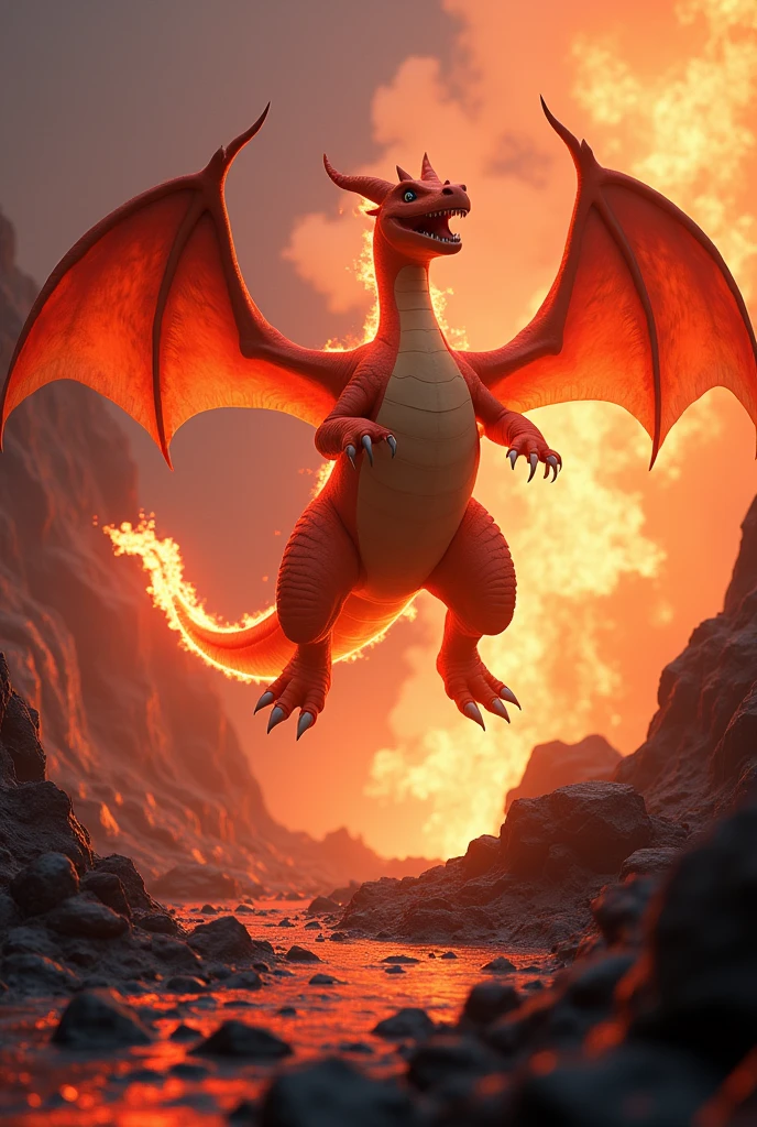 (masterpiece:1.2, Highest quality, Ultra-high resolution, Very detailed, Realistic, RAW Photos:1.2, Elaborate photos), 8k, wallpaper, (Ray Tracing), (Charizard soaring above a volcanic landscape, with wings fully spread), (Flames erupting from its mouth as it uses Flamethrower, molten lava flowing below, ash and smoke filling the air), (Red-orange glow from the lava casting dramatic light on Charizard’s scales, dark volcanic rocks and glowing embers scattered across the ground), A photo that captures Charizard’s fierce power and majesty in its natural, fiery habitat, filled with intense heat and vibrant colors.