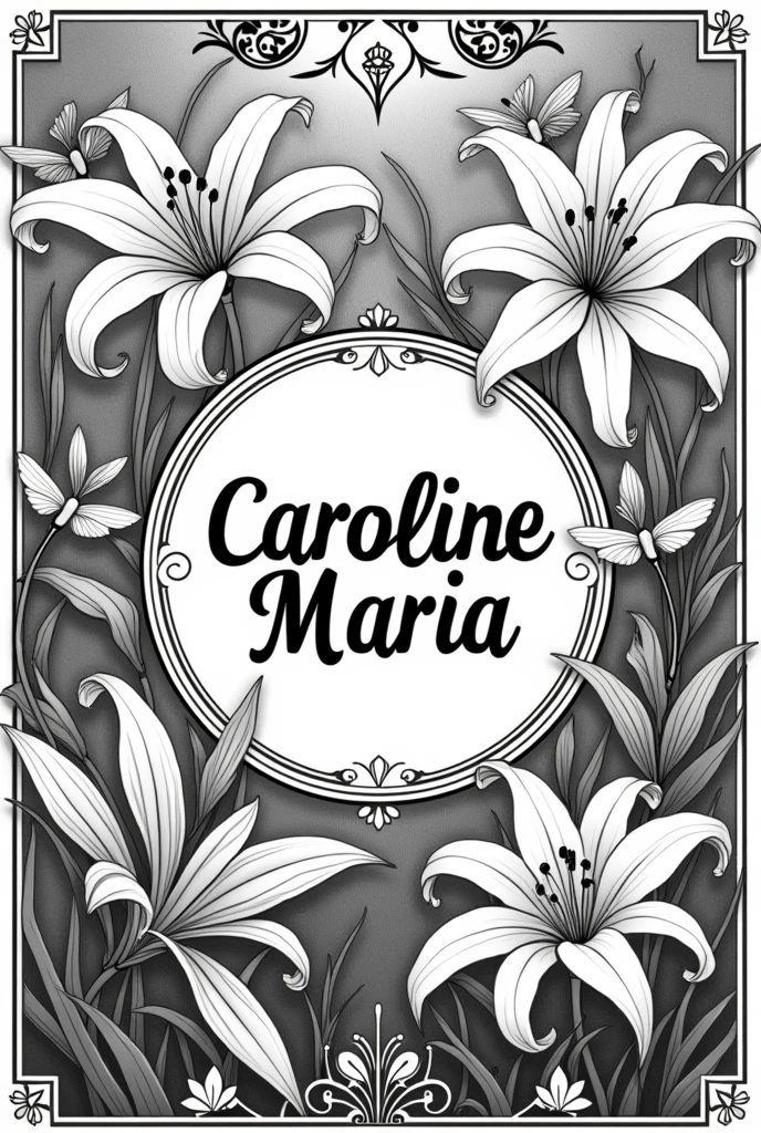 Black and white frame in Art Nouveau style, with lily flowers, dragonflies, with the name in the middle Caroline Maria 