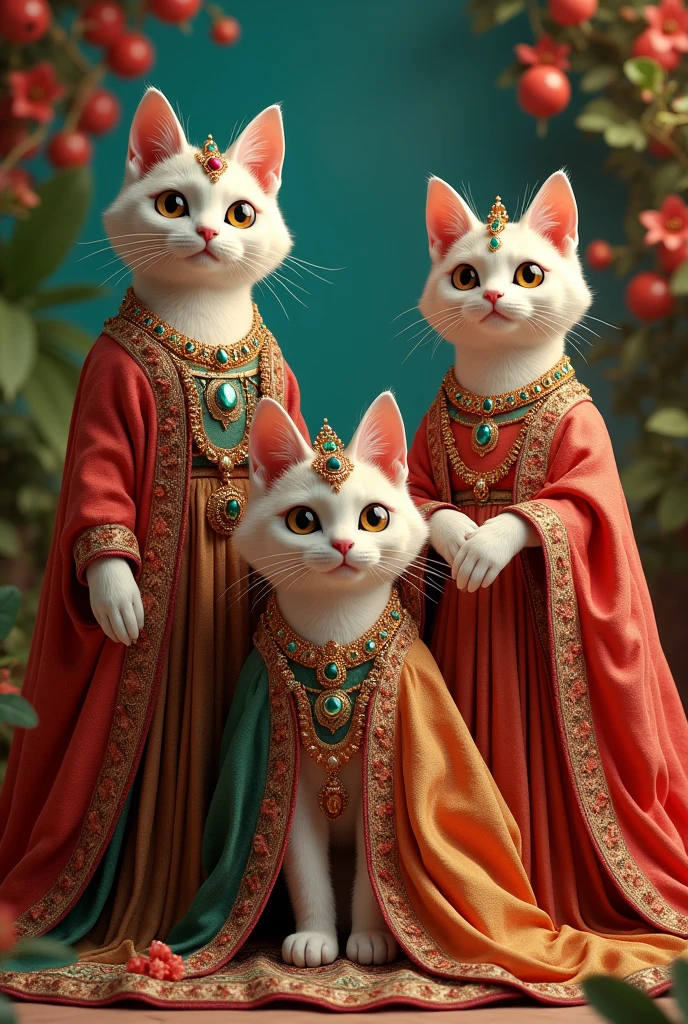 There are three cats and they are wearing lehengas and South Indian jewelery and they are very big and two are standing and one is sitting