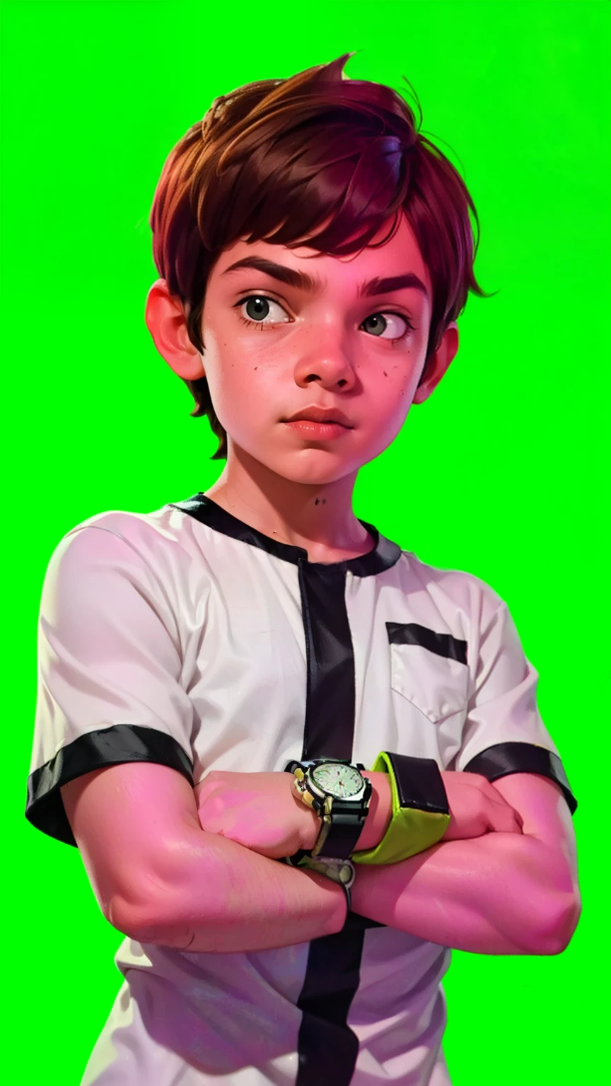 Cartaz cinematográfico, Ben 10 ((, 6yo)))sideways, with arms crossed style , ((wearing a white and Black costume,  big watch)) . highly detailed, detailed face, realistic, cinematic lighting, studio quality, professional, detailed face, intricate, vivid colors. ((Abstract background)).