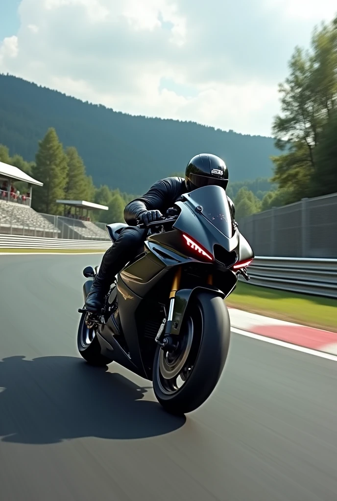 A black Apache bike running on race track