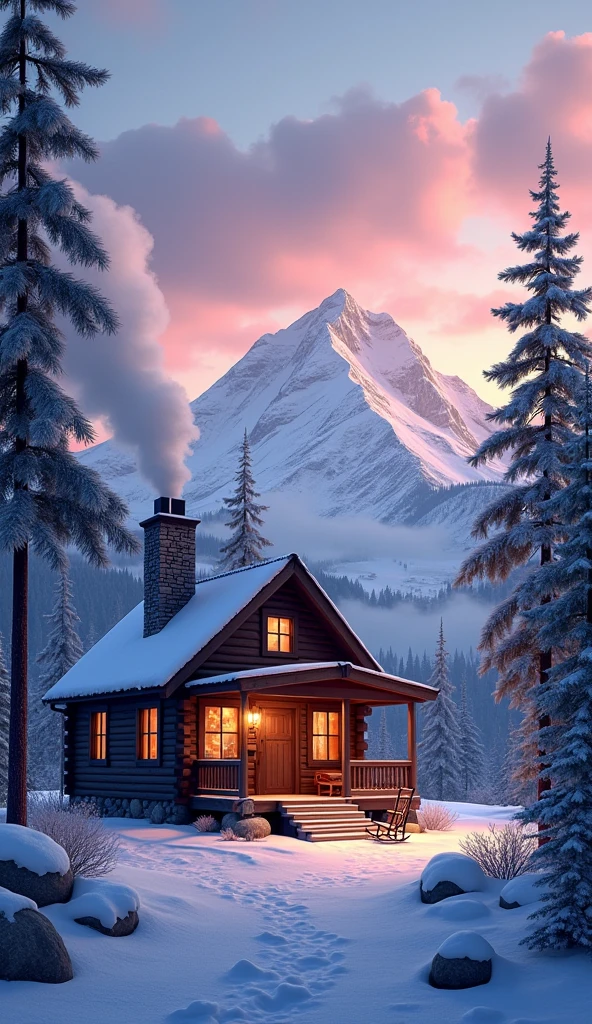 A cozy wooden cabin perched on a mountaintop, surrounded by towering pine trees dusted with snow. The cabin has a small porch. There are two rocking chairs side by side infront of the house, empty and gently swaying in the crisp mountain breeze. Smoke rises from the stone chimney, hinting at a warm fireplace inside. The sky is a canvas of soft pinks and purples as the sun sets behind distant snow-capped peaks. A blanket of fresh snow crunches softly underfoot, and the air is filled with the crisp scent of pine and the quiet of the mountains. It's a serene, untouched space, perfect for solitude and reflection, with no one else in sight.