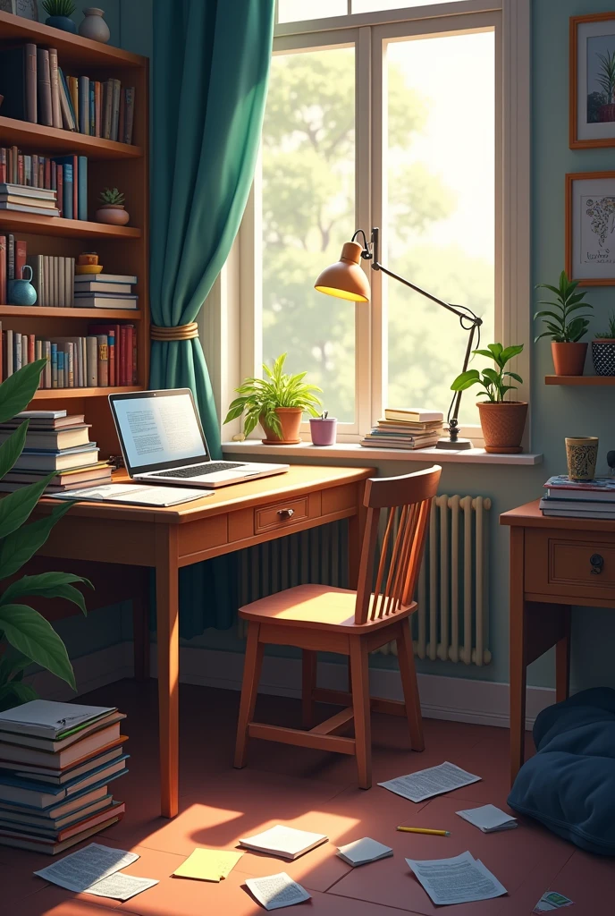 Study table with laptop books from window side table with I'm virtual view for study material mess on table