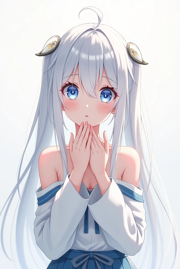 White hair blue eyes anime  girl Wearing a low skirt and covering up