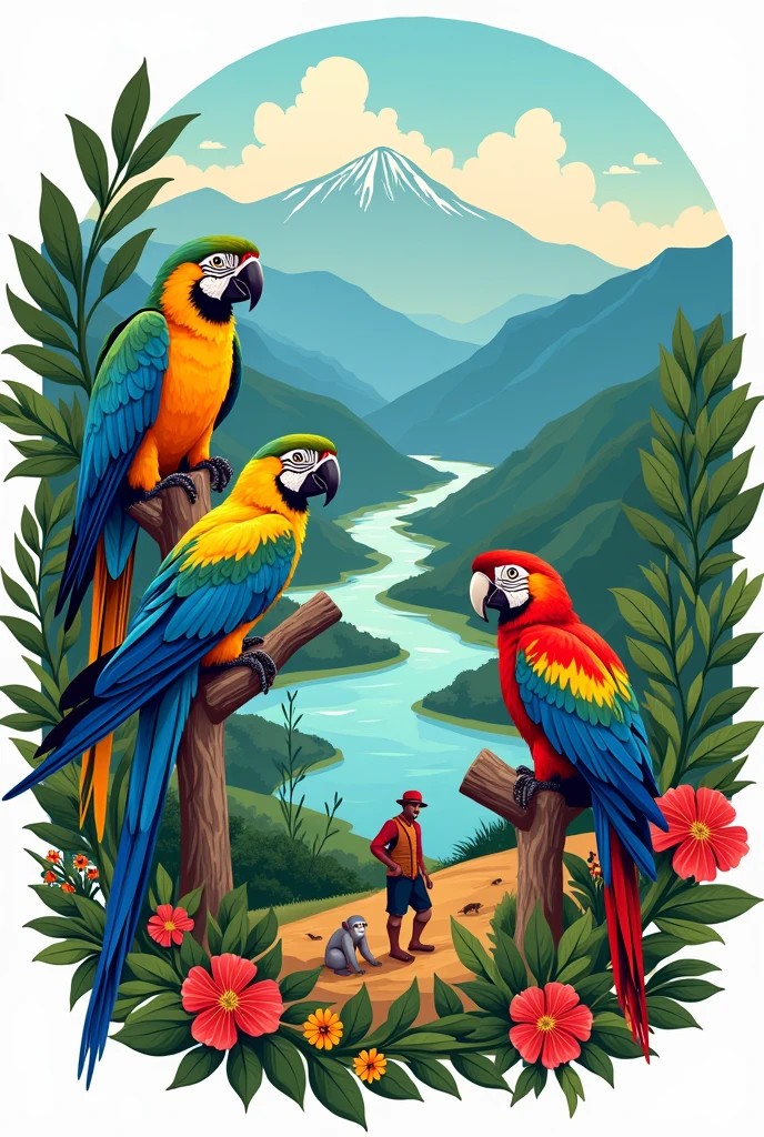 Create a logo in Spanish for a company with the following characteristics: Image with the two peaks of the Sierra Nevada of Santa Marta, laguna, river to the sea, Macaw, monkey and a couple of peasants