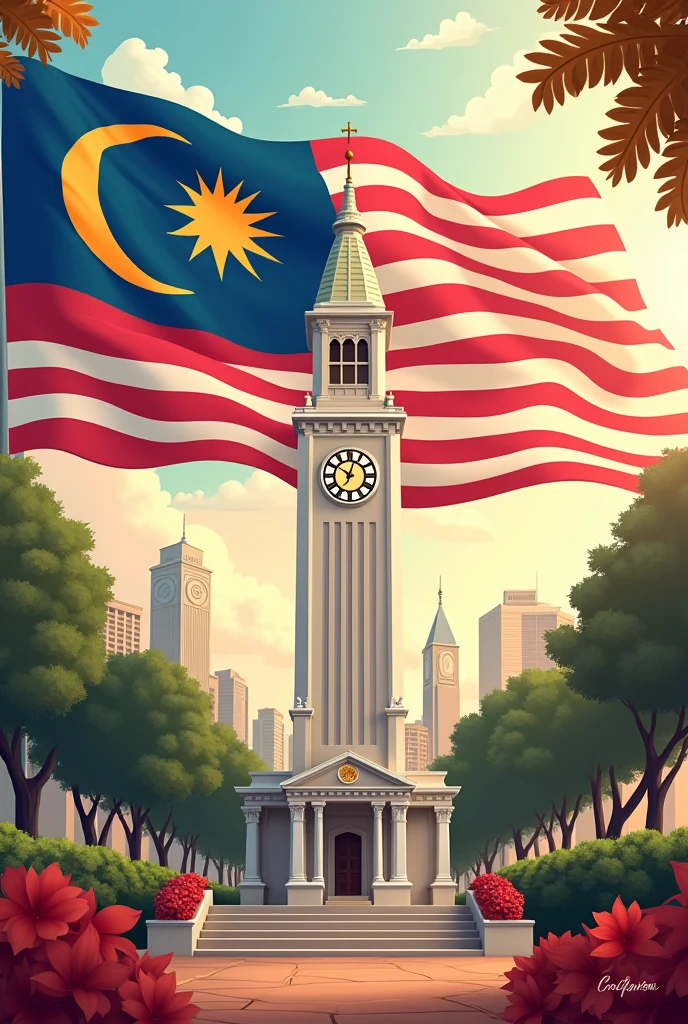 Malaysian flag poster, independence to 67 years, there is a picture of a clock tower, sincere greetings from BaikPhone Parit