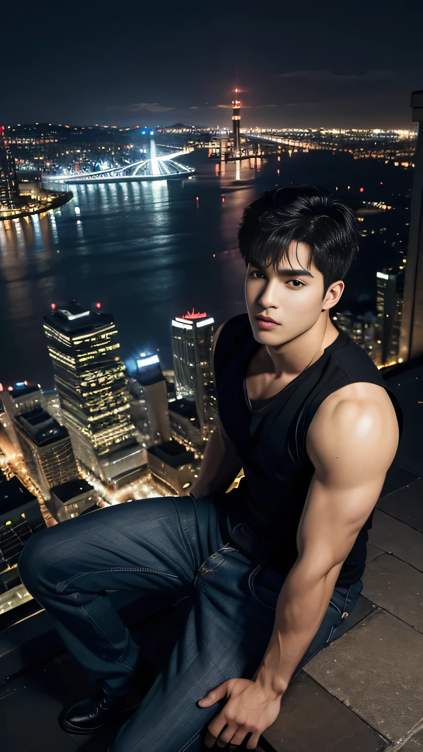 Best quality, masterpiece, ultra high res, (photorealistic:1.4), detailed face, detailed eyes, raw photo, young handsome male, black hair, full body, view from top, (night city background:1.2)