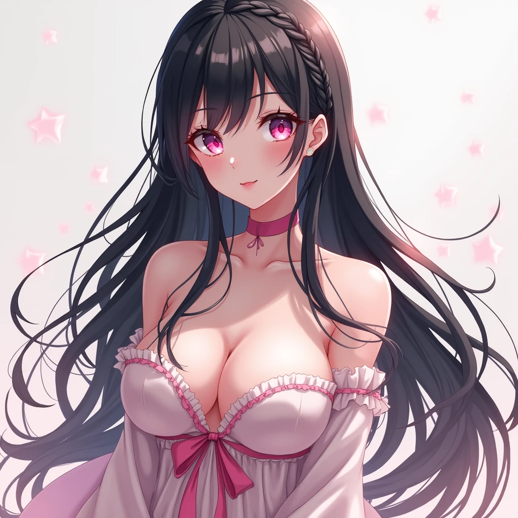 One girl, Long Hair, Simple Background, Pink eyes, Braid, Large Breasts, ribbon, anime, Black Hair, Sparkle Effect, 