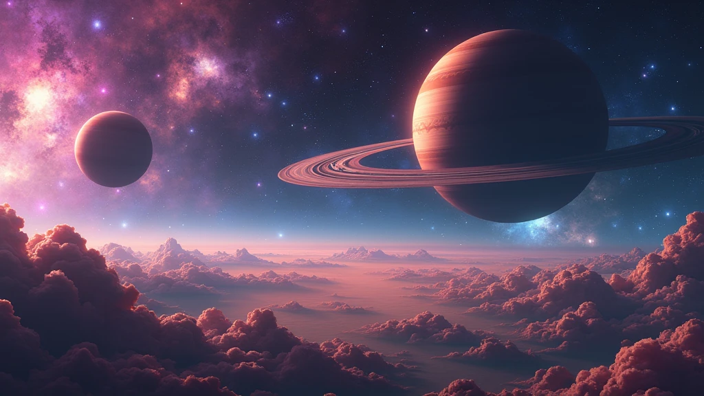 view of a planet in deep space, with stars of different colors, and 2 big planets with rings and moons in the back. the space has some bright colors, purple and pink In the style of Makoto Shinkai。master piece, ultra detail, precision, ultra-realistic