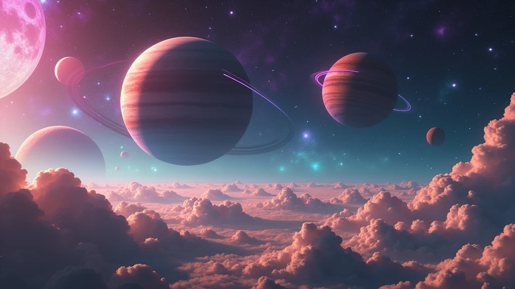 view of a planet in deep space, with stars of different colors, and 2 big planets with rings and moons in the back. the space has some bright colors, purple and pink In the style of Makoto Shinkai。master piece, ultra detail, precision, ultra-realistic