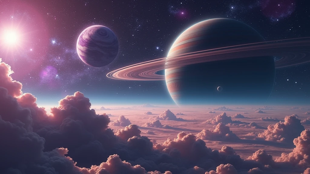 view of a planet in deep space, with stars of different colors, and 2 big planets with rings and moons in the back. the space has some bright colors, purple and pink In the style of Makoto Shinkai。master piece, ultra detail, precision, ultra-realistic