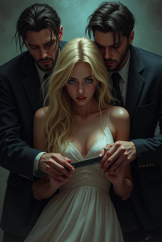 Piekna dziewczyne w bląd dluguch wlosach i blekitnych oczach. Behind her stands a guy who holds her hands tightly from behind.. And the other guy is standing in front of her, he puts the blade of the knife to her throat.. The girl's face shows tears and fear.