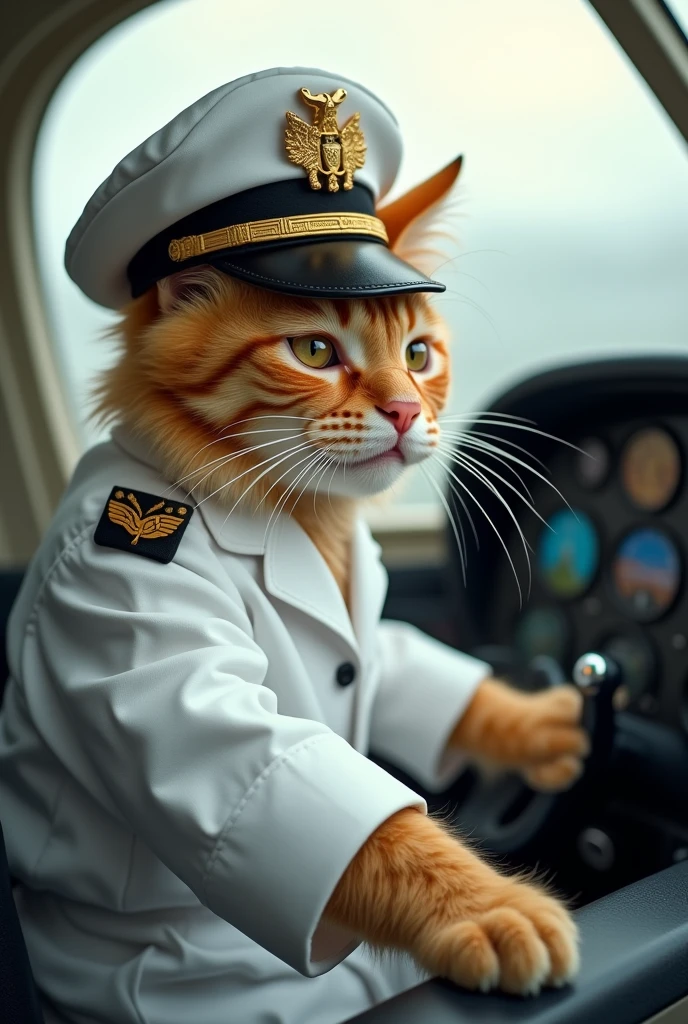 Cute close-up photo of an orange pilot cat., Cockpit,Cat piloting the plane,white dress