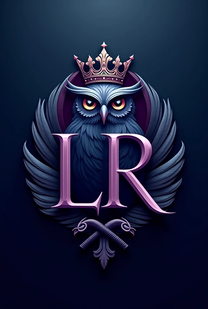 Law firm logo in metallic blue with metallic purple LR initials, owl and queen's crown and metallic colored scales