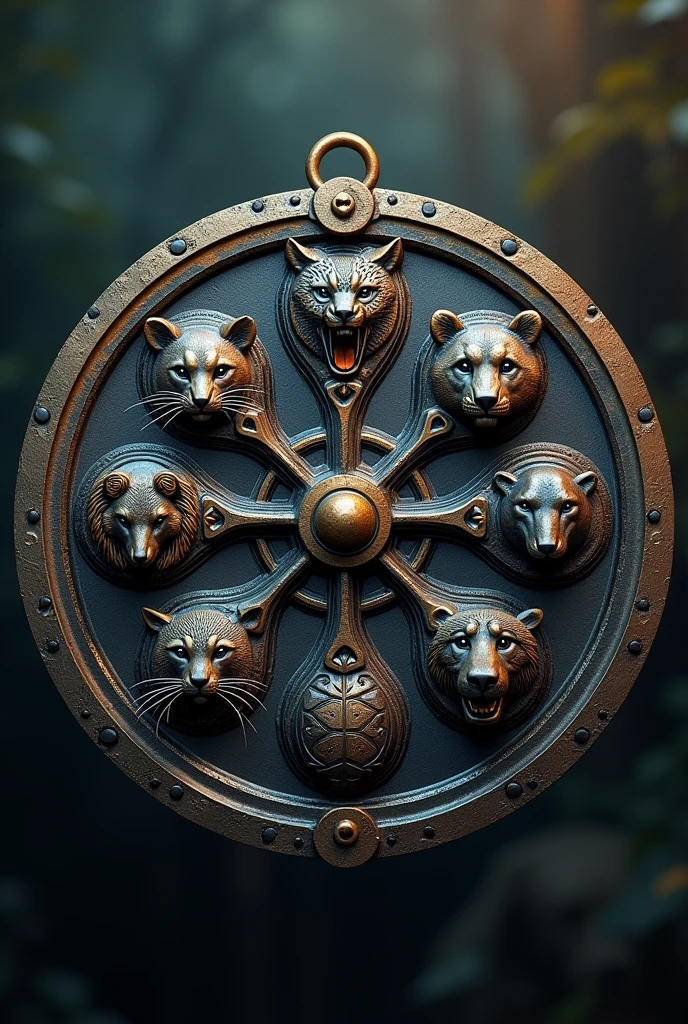 An Iron Circle, divided into seven equal parts and engraved on each part: the symbol of a Macaw, the symbol of a jaguar, the symbol of a Raccoon, the symbol of a white labrador, the symbol of a black labrador, the symbol of a sea turtle and the symbol of a brown bear
