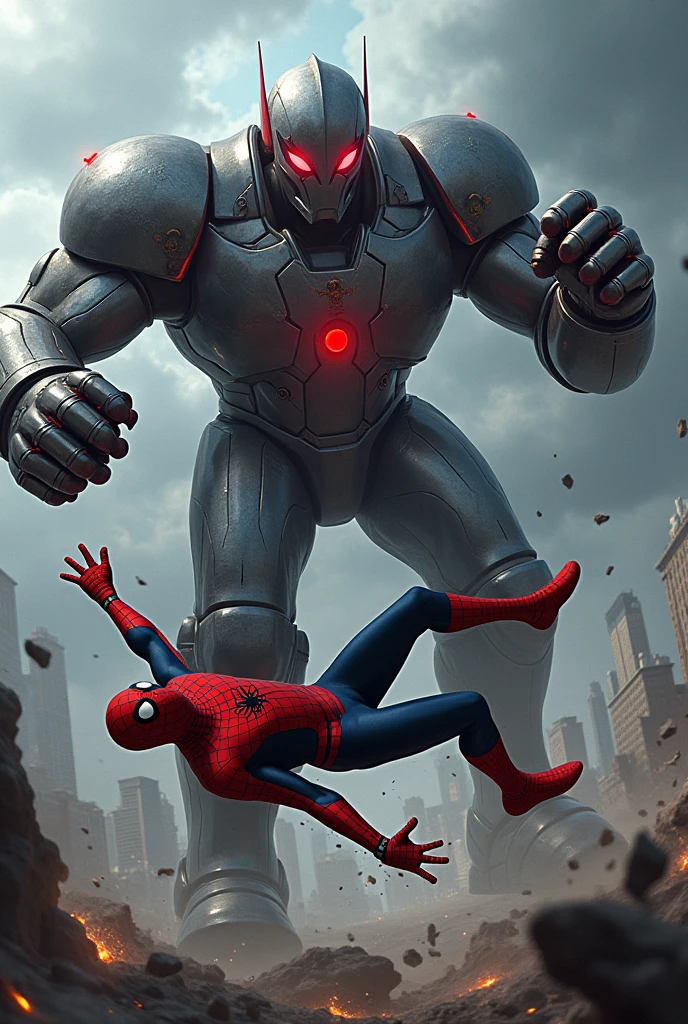 Depict a dramatic scene where the robot delivers a devastating punch to Spider-Man, sending him flying backward in mid-air. Spider-Man's body is arched, and his face shows a mix of pain and shock as he falls toward the ground. The robot's massive fist is still extended from the punch, its glowing red eyes focused on Spider-Man with a menacing intensity. The robot’s design remains the same: towering, with bulky metallic gray armor and glowing red accents. The background features the stormy sky and a cityscape below, with debris floating in the air, emphasizing the power of the impact."