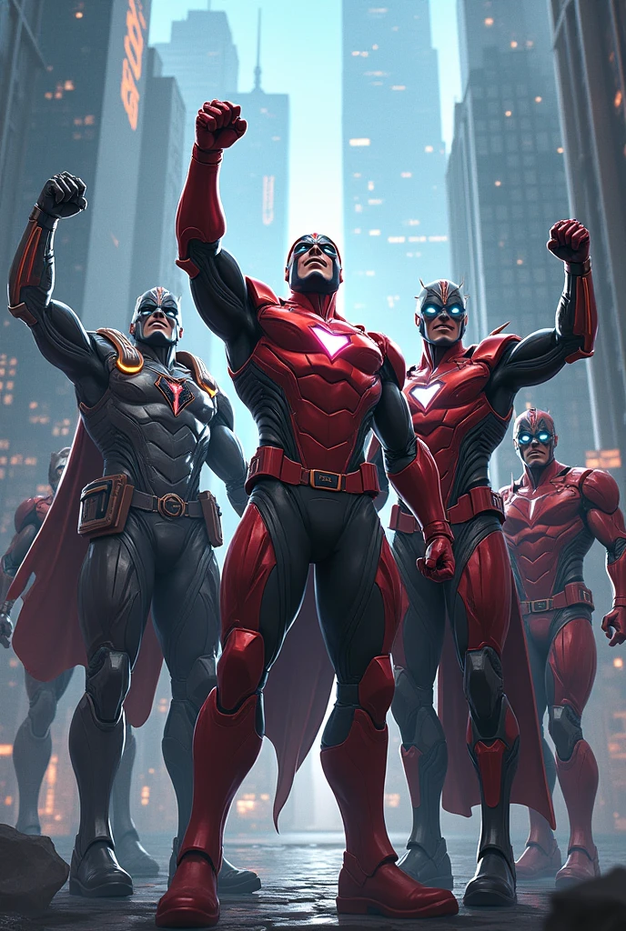 Group of 5 superheroes in armor celebrating