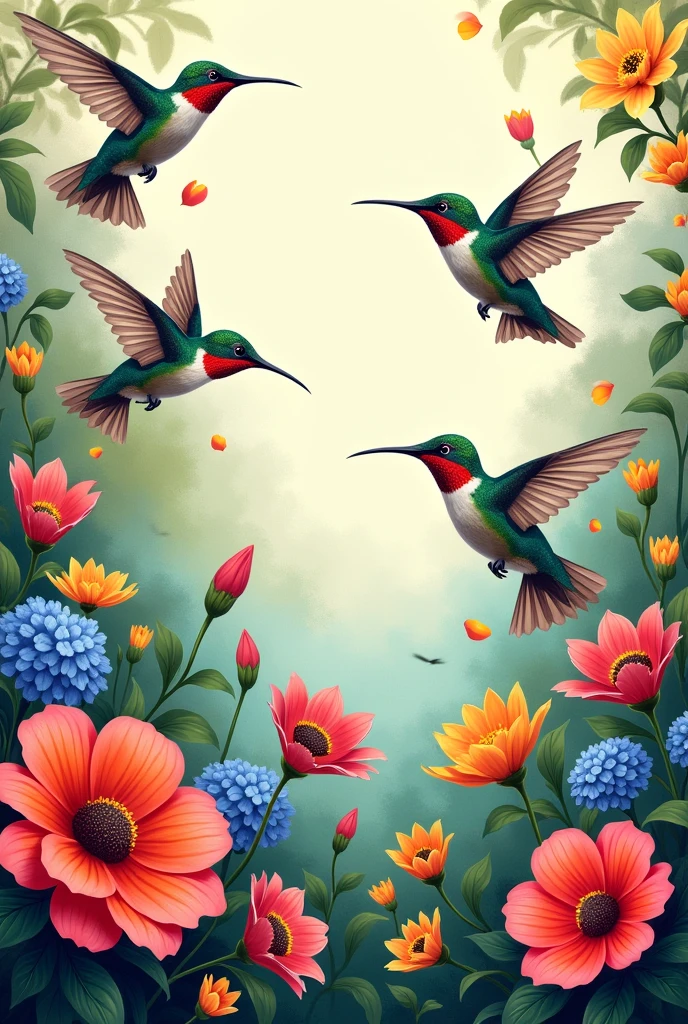 A vibrant and colorful illustration of hummingbirds and flowers filling the page. The scene is lively and full of energy, with the hummingbirds captured in mid-flight, their wings a blur of motion as they hover around the brightly colored blossoms. Realistic Image 