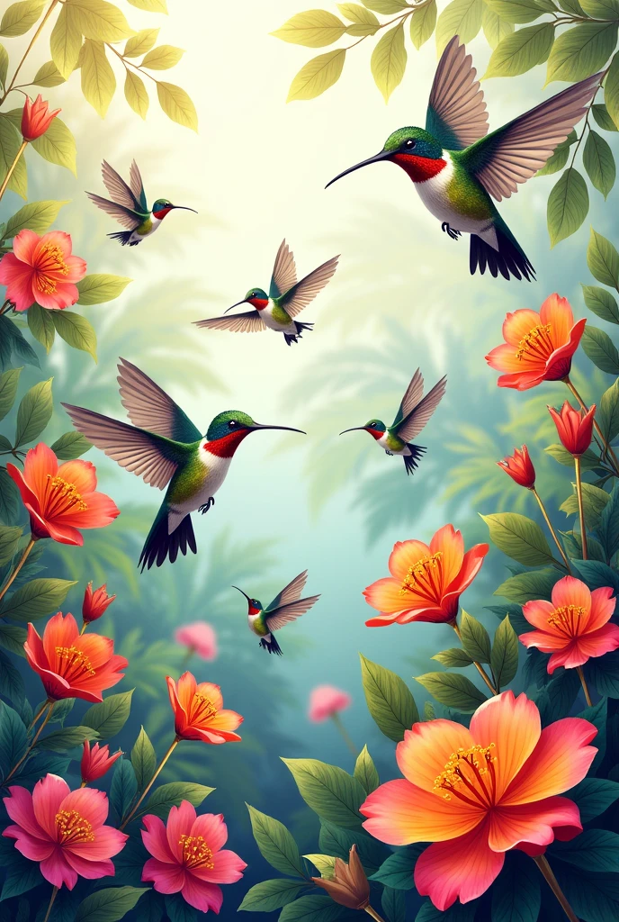 A vibrant and colorful illustration of hummingbirds and flowers filling the page. The scene is lively and full of energy, with the hummingbirds captured in mid-flight, their wings a blur of motion as they hover around the brightly colored blossoms. Realistic Image 