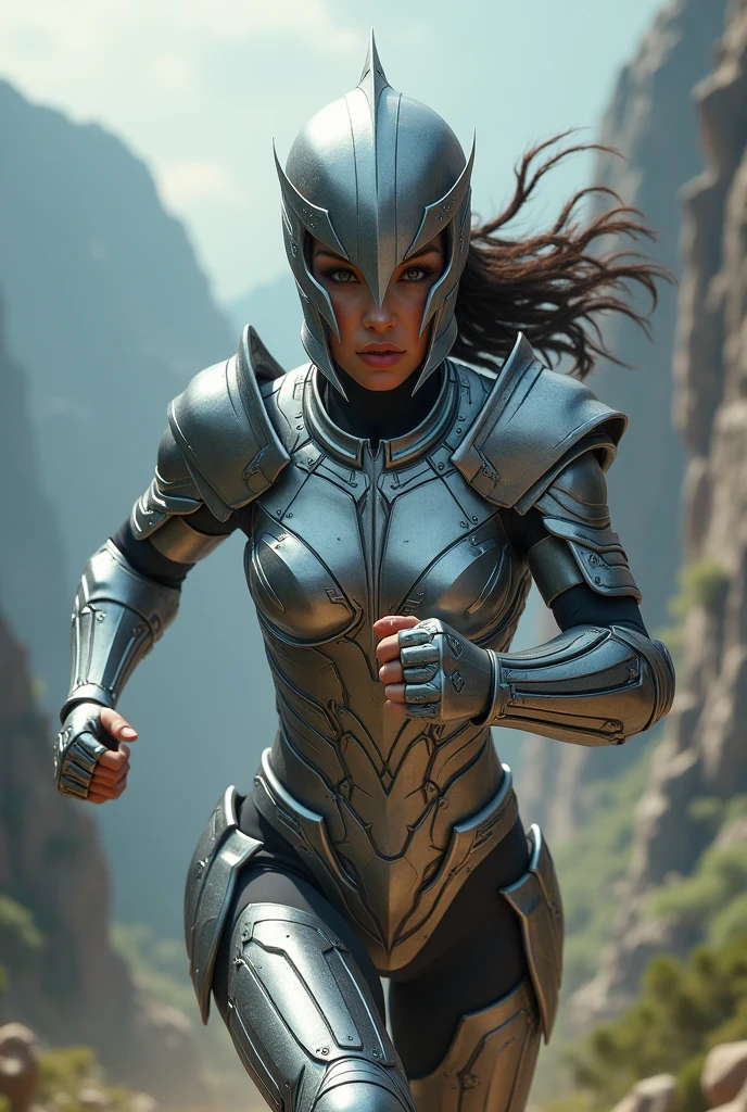 Woman in silver armor and a closed silver helmet running with her arms crossed forming a shiny silver X