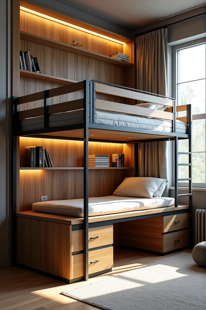 Bunker bed with bookshelf and storage and study table underneath