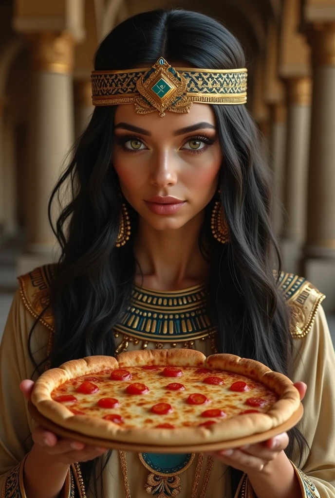 A beautiful ancient Egyptian woman, a pharaoh, with long hair, green hypnotizing eyes, pretty, com uma maquiagem pretty, very successful, with a natural charm, very respected, muito pretty eating dominos pizza