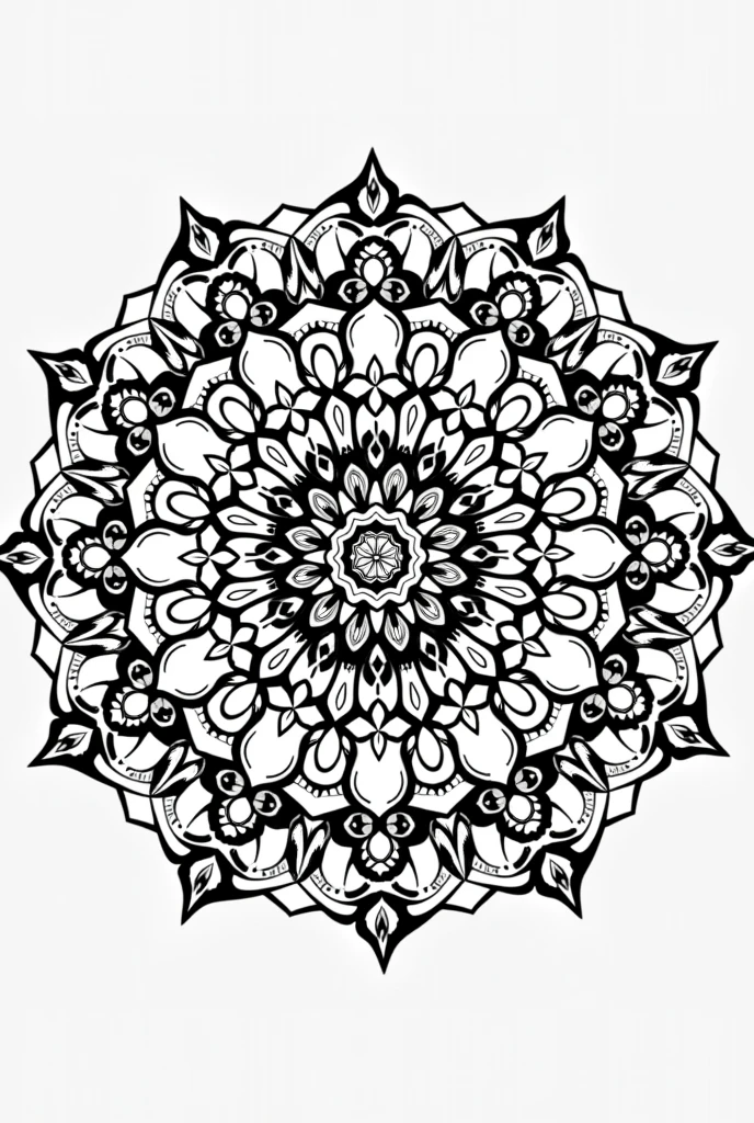 reate a black-and-white coloring page designed for adult women featuring a highly detailed mandala. The mandala should have intricate, symmetrical patterns radiating from a central point, with multiple layers of complex geometric shapes, floral elements, and paisley designs. Incorporate a mix of fine lines and varying patterns to provide a challenging and engaging coloring experience, with sections ranging from small, delicate details to larger areas. Ensure the overall design is elegant and sophisticated, capturing the essence of mindfulness and relaxation. The lines should be crisp and clear, inviting a meditative state as users fill in the shapes with color.