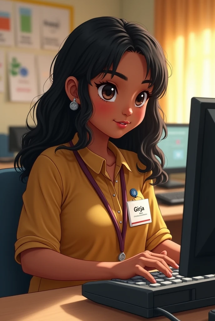 A tamilnadu short girl in type writing class with knit very long hair
.wear top with shale .medium eyes,skin tone dusky,belly fat chubby,that girl is girija on badge