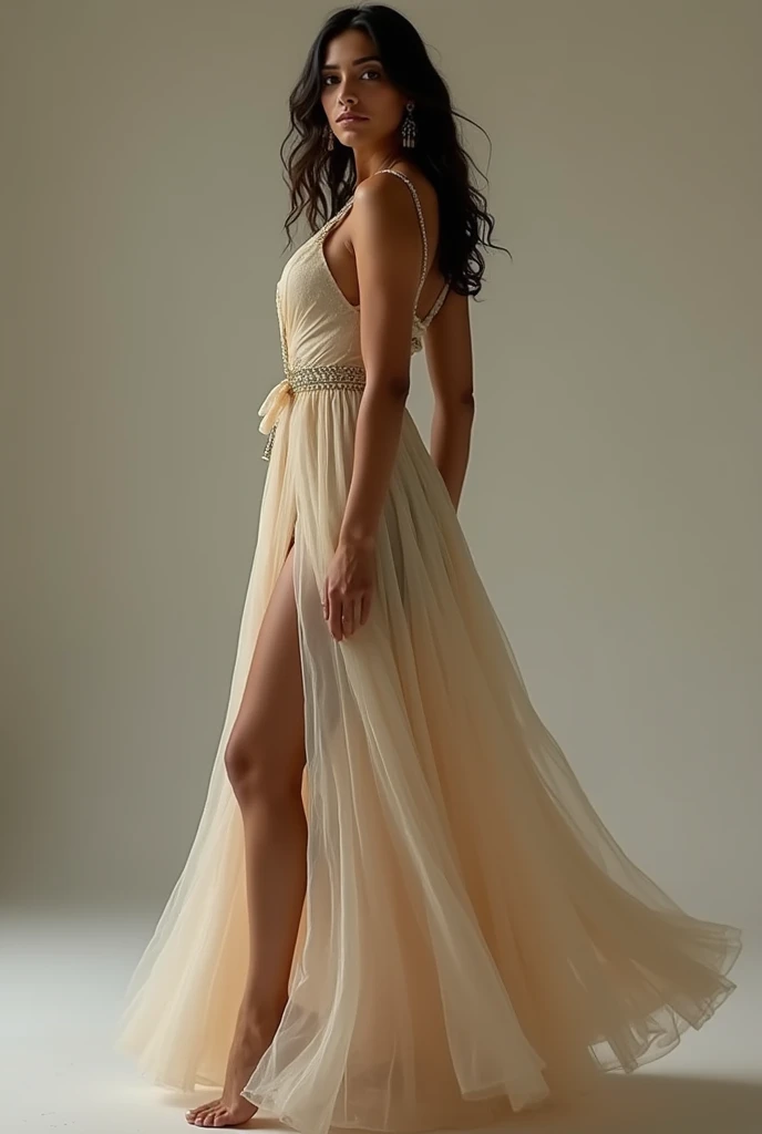 Beautiful girl facing her back , hiding her face , long hair , beautiful dress , high heels , instagram profile size