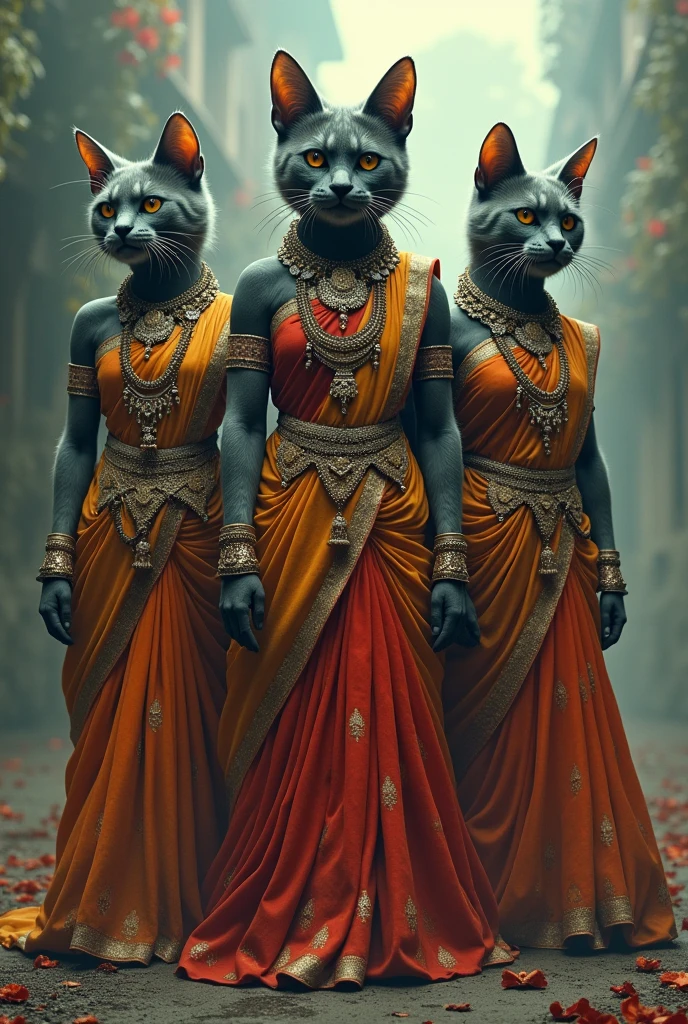 There are three cats and they are wearing lehengas and South Indian jewelery and they are very big and all three cats are crying