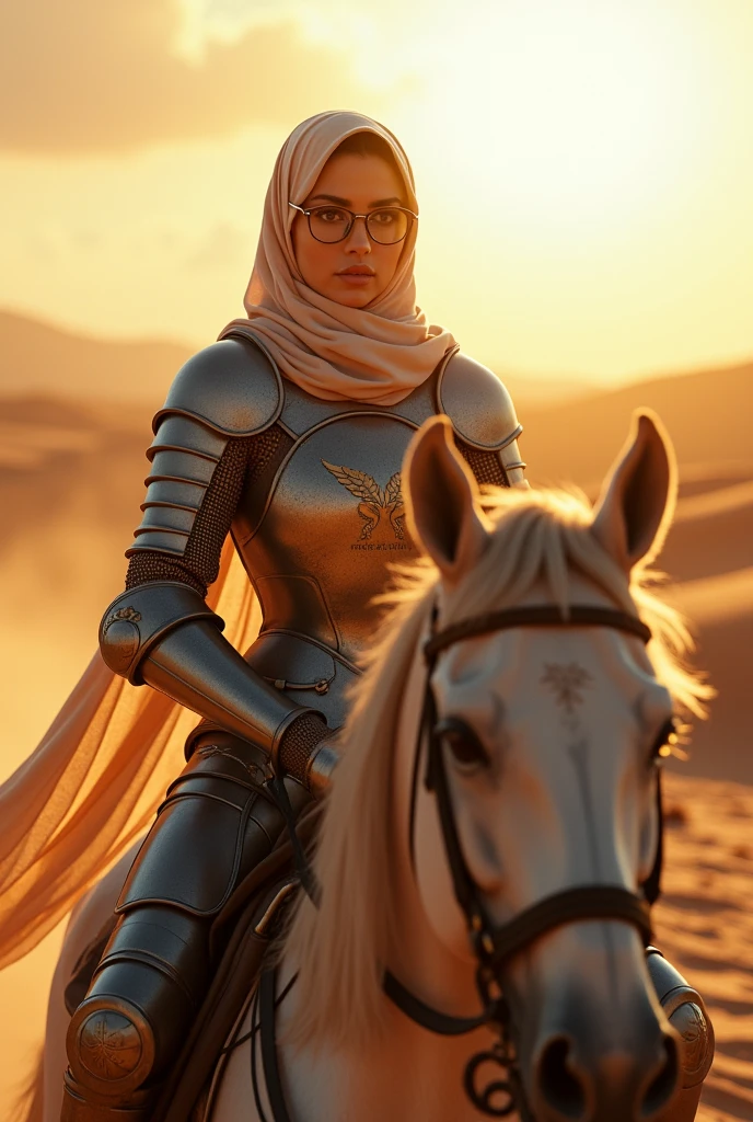 8K, HDR, masterpiece, detailed. 1girl, beautiful face, makeup. ((knight armor wearing hijab)), glasses. riding horse pose. style particles bokeh, at desert, noon time, ((SFW))
