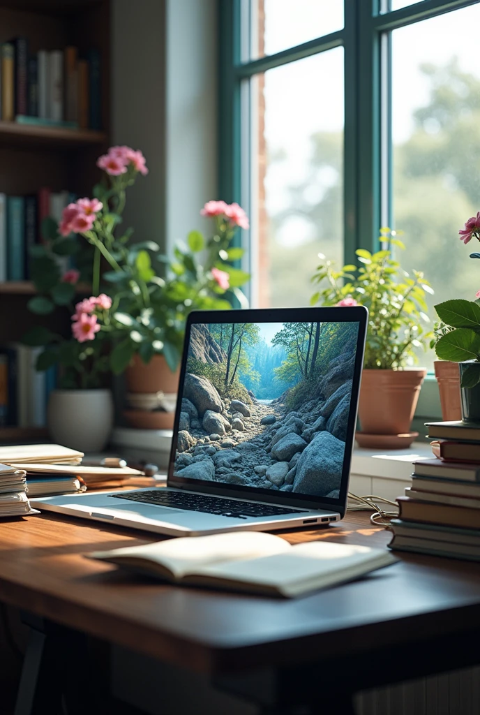 Study table with laptop books from window side table with I'm virtual view for study material mess on table real image view with virtual view