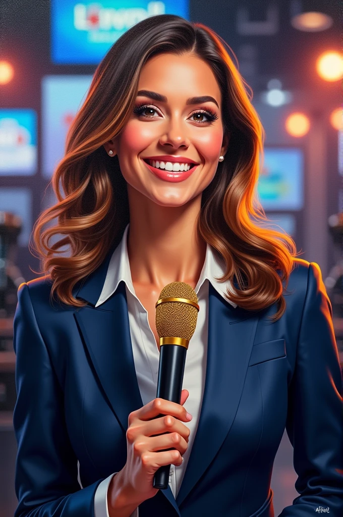 Create a painting of a smiling TV presenter in a suit and with a golden microphone