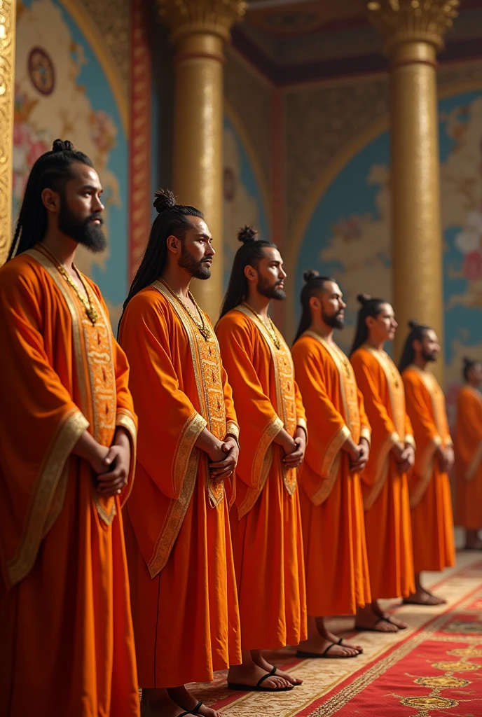 Five orange-clad warriors wait in line to unite with the king and kiss his hands