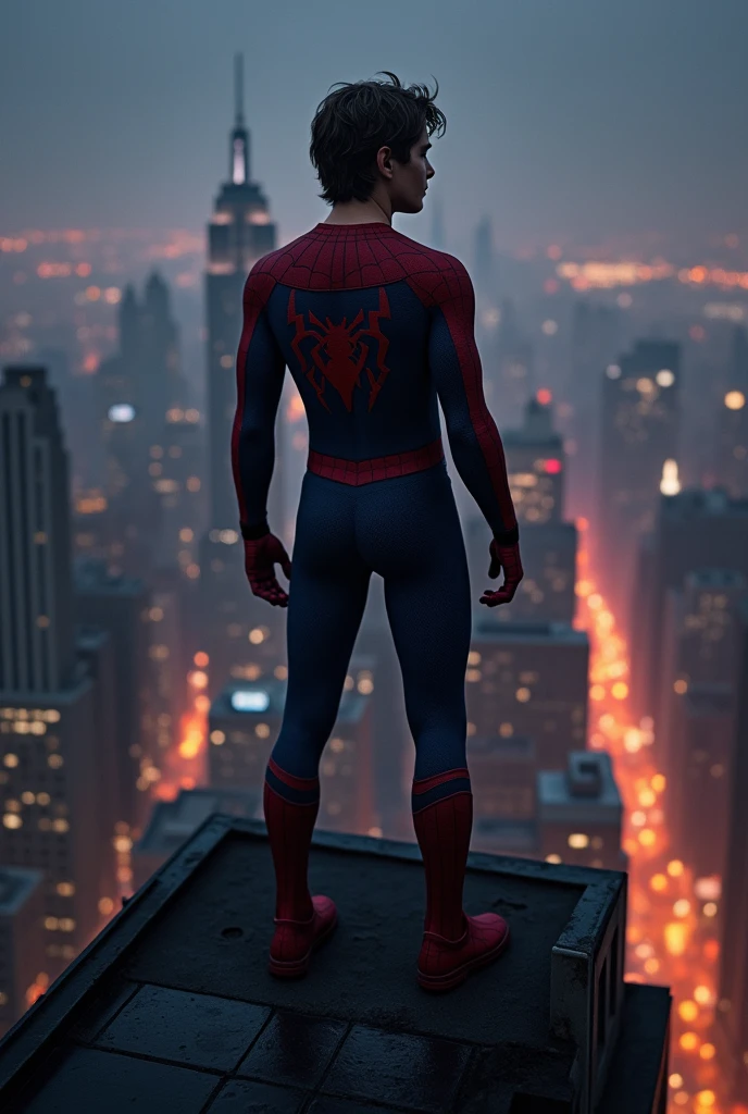 spiderman standing on a roof in the night, on a building in new york, without mask, it's a young leonardo dicaprio