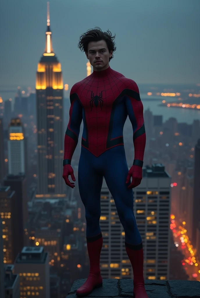 spiderman standing on a roof in the night, on a building in new york, without mask, it's a young leonardo dicaprio