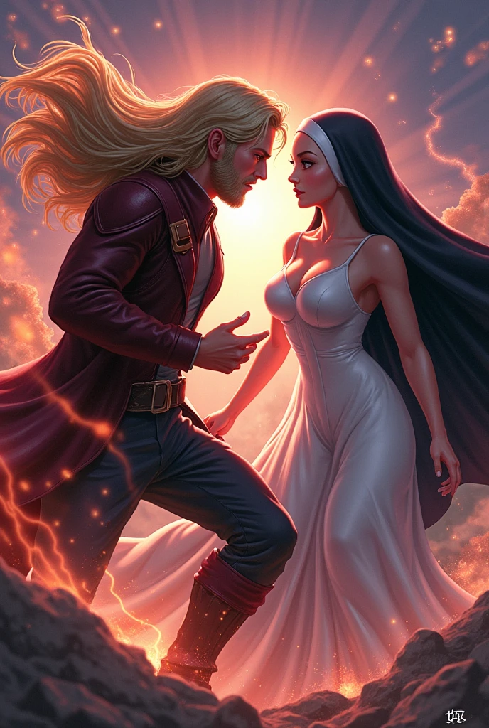 Star-lord (Brown hair) vs. Nun woman (blonde, big breasts, perfec body) Whole body, 2 people, until, fighting, Power, anime, beautiful, small nose, large eyes.