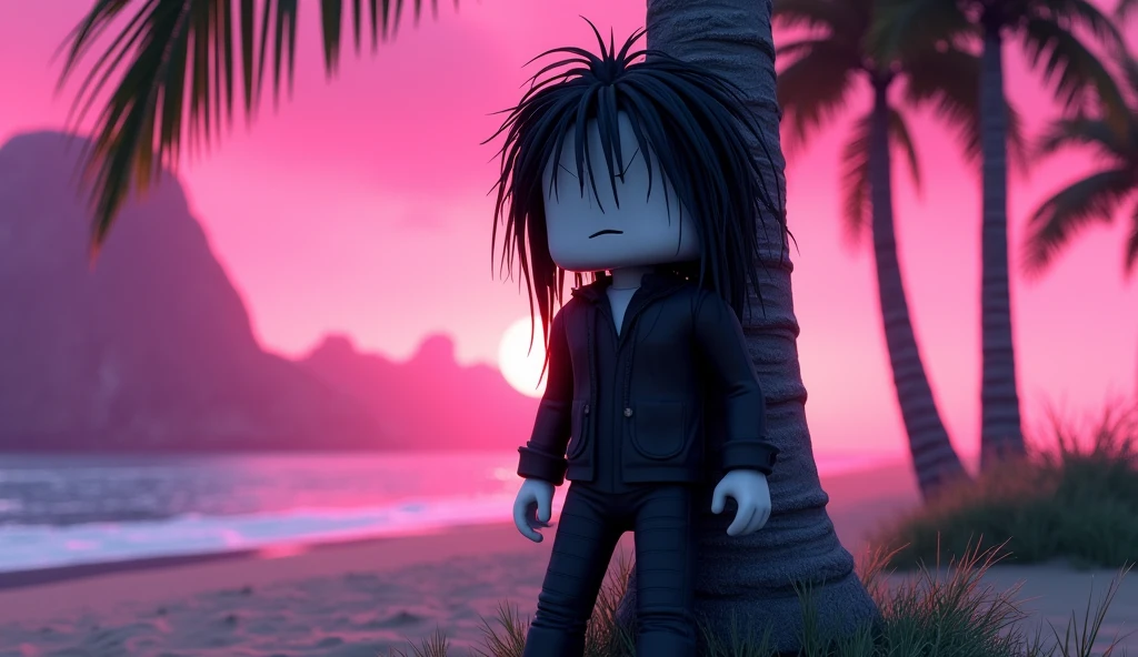 Beautiful tall square Roblox doll, with long black spiky hair, emo clothes and no lips, white skin, no mouth leaning on a palm tree, cartoon, Vice City GTA, stone mountain background on the beach with pink sky