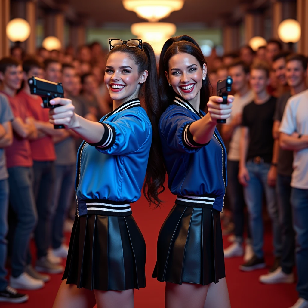 wide depth of field, wide depth of focus, f/11 lens setting, all objects in focus, full color image, 2 laughing women holding pistol, holding pistols, large fraternity house game room, full body image, (two tone royal blue and black short cropped satin bomber jackets with white trim, shiny black pleated satin skirt), women posing with a pistol held up by face, long flowing hair worn in pony tails, confidant smile, pure form, intricate details, 8K post-production, high resolution, super detailed, Popular topics on Artstation,, Studio photos, intricate details, Very detailed, she stands in the middle of the room and she is surrounded by a large (all male) group of cheering young men wearing jeans and t-shirts who are all standing behind the women and looking at the women