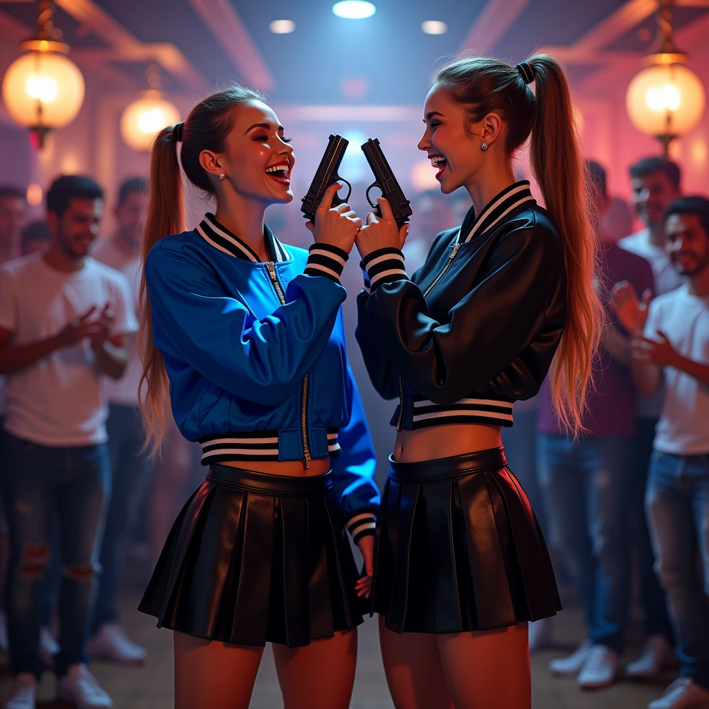 wide depth of field, wide depth of focus, f/11 lens setting, all objects in focus, full color image, 2 laughing women holding pistol, holding pistols, large fraternity house game room, full body image, (two tone royal blue and black short cropped satin bomber jackets with white trim, shiny black pleated satin skirt), women posing with a pistol held up by face, long flowing hair worn in pony tails, confidant smile, pure form, intricate details, 8K post-production, high resolution, super detailed, Popular topics on Artstation,, Studio photos, intricate details, Very detailed, she stands in the middle of the room and she is surrounded by a large (all male) group of cheering young men wearing jeans and t-shirts who are all standing behind the women and looking at the women