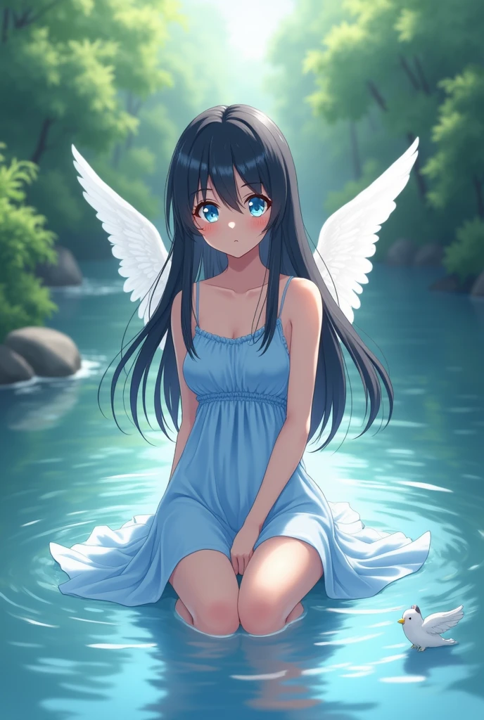 Anime cute adult Angel with blue dress sitting on middle of the river with black long hair showing courtesy with cute eyes with less boobs