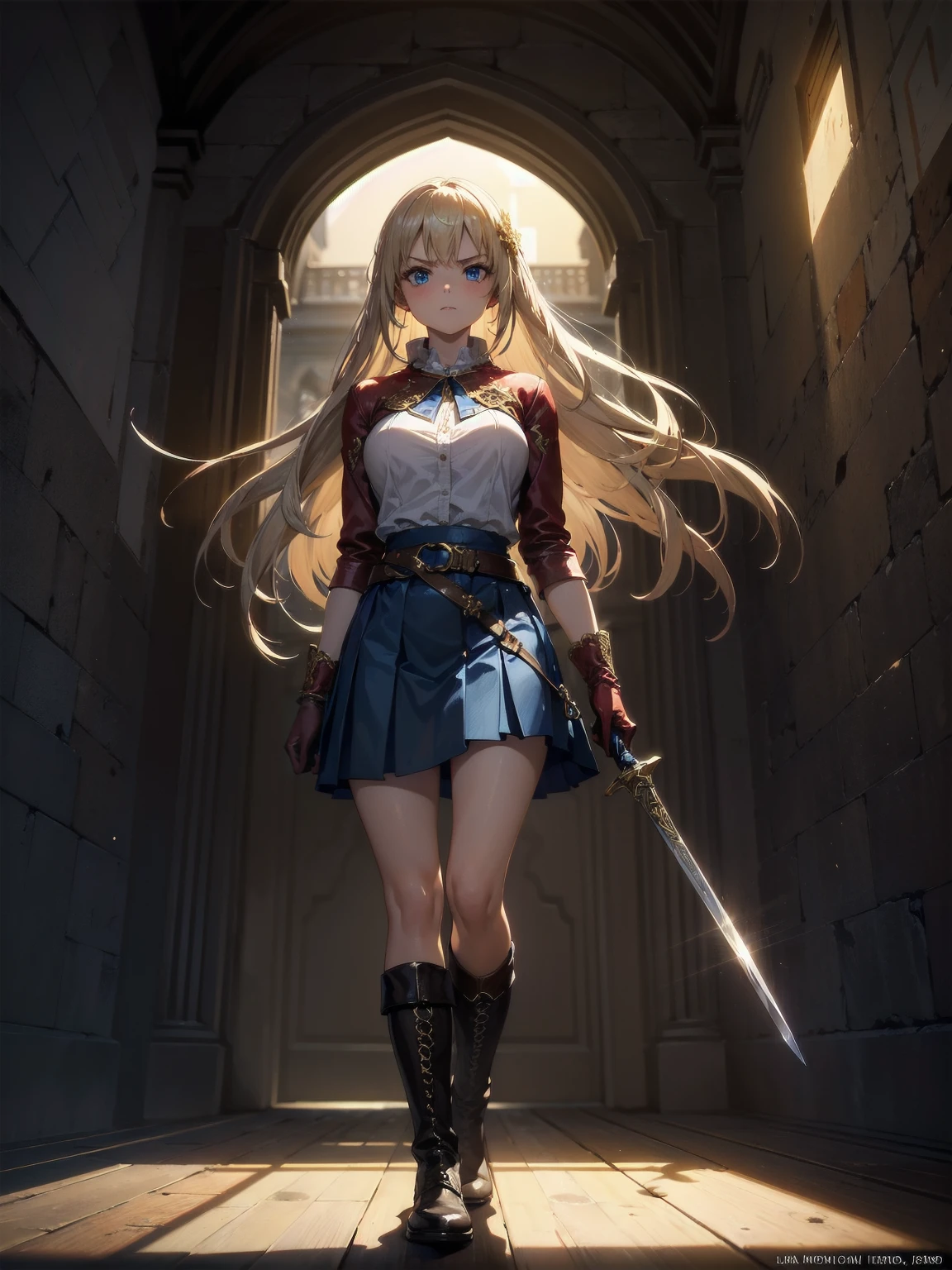 20-year-old girl, long blonde hair, blue eyes, angry expression, long dark blue skirt with gold embroidery at the hem, old-fashioned blue blouse with long fitted sleeves, adorned with red details, red leather gloves that reach her elbows, dark brown leather boots that reach mid-calf, leather belt adorned with a golden buckle and red details, her weapon is a huge greatsword with a gold and red decorated handle, hanging on her back in an ornate sheath, 8k, high quality, full body, (ultra-realistic), {extremely detailed 8k CG unit wallpaper}, expansive landscape photograph, (a view from below showing the grandeur of the character, wide open field view), (light: 2.0), (warm light source: 1.5), complex details, (atmospheric lighting), surreal, impressive, fantasy, (Solo: 1.2)