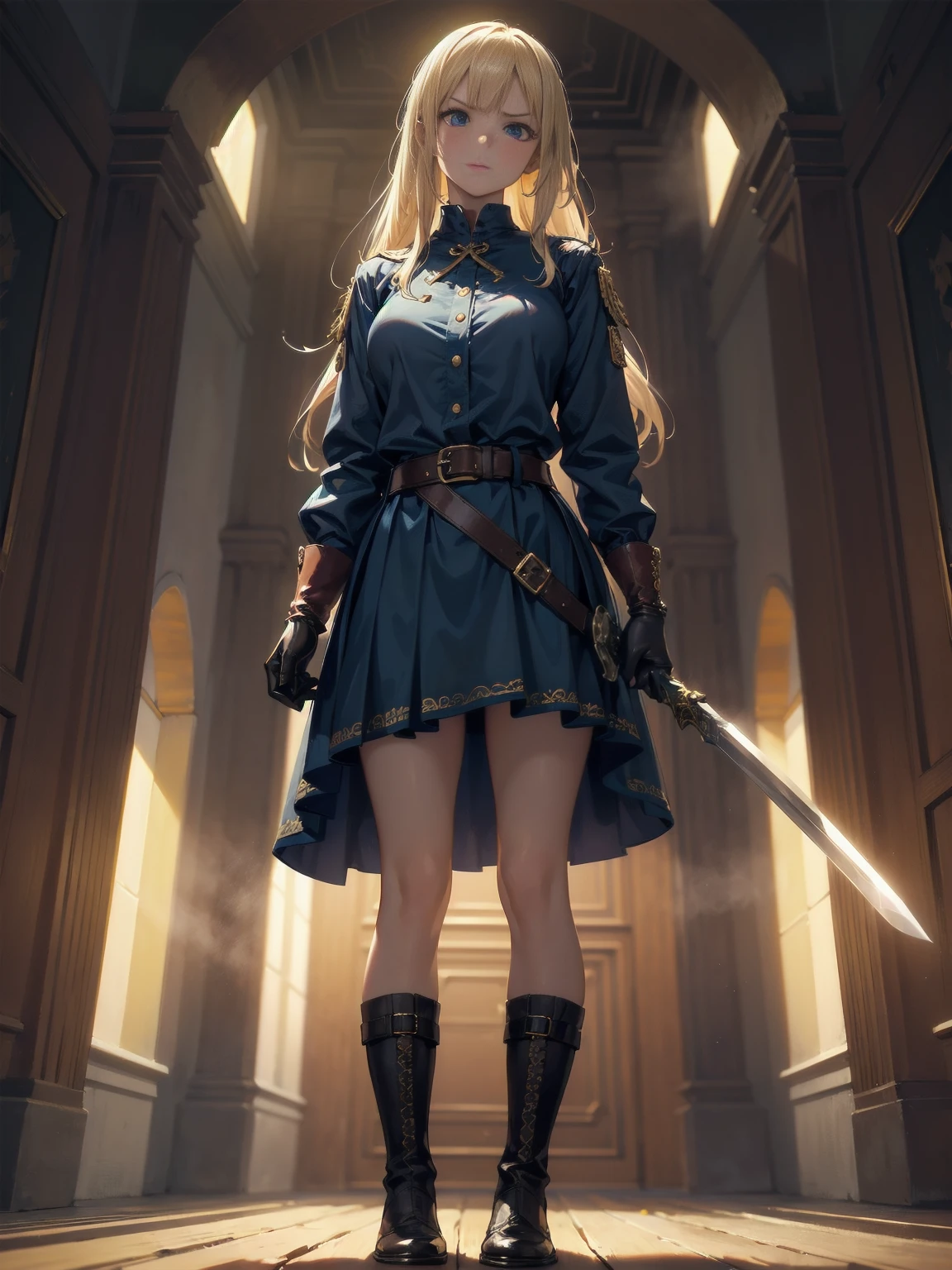 20-year-old girl, long blonde hair, blue eyes, angry expression, long dark blue skirt with gold embroidery at the hem, old-fashioned blue blouse with long fitted sleeves, adorned with red details, red leather gloves that reach her elbows, dark brown leather boots that reach mid-calf, leather belt adorned with a golden buckle and red details, her weapon is a huge greatsword with a gold and red decorated handle, hanging on her back in an ornate sheath, 8k, high quality, full body, (ultra-realistic), {extremely detailed 8k CG unit wallpaper}, expansive landscape photograph, (a view from below showing the grandeur of the character, wide open field view), (light: 2.0), (warm light source: 1.5), complex details, (atmospheric lighting), surreal, impressive, fantasy, (Solo: 1.2)