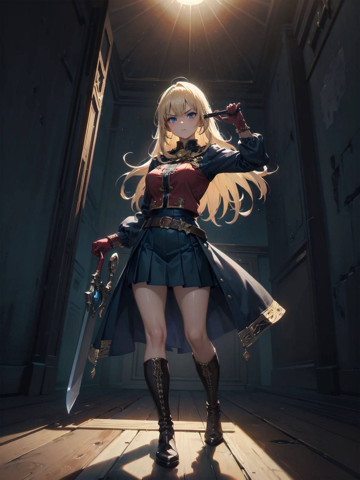 20-year-old girl, long blonde hair, blue eyes, angry expression, long dark blue skirt with gold embroidery at the hem, old-fashioned blue blouse with long fitted sleeves, adorned with red details, red leather gloves that reach her elbows, dark brown leather boots that reach mid-calf, leather belt adorned with a golden buckle and red details, her weapon is a huge greatsword with a gold and red decorated handle, hanging on her back in an ornate sheath, 8k, high quality, full body, (ultra-realistic), {extremely detailed 8k CG unit wallpaper}, expansive landscape photograph, (a view from below showing the grandeur of the character, wide open field view), (light: 2.0), (warm light source: 1.5), complex details, (atmospheric lighting), surreal, impressive, fantasy, (Solo: 1.2)