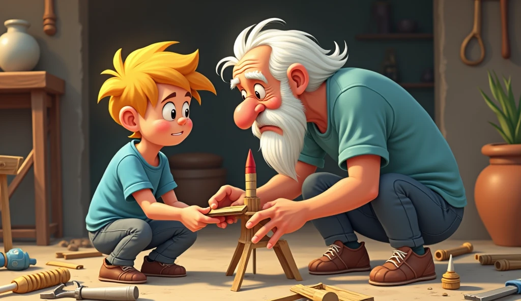 Lucas, a blond boy in a blue t-shirt, and Professor Estrella, an old man with a fat white hair and a mustache, working together to build the rocket out of wood and cardboard..